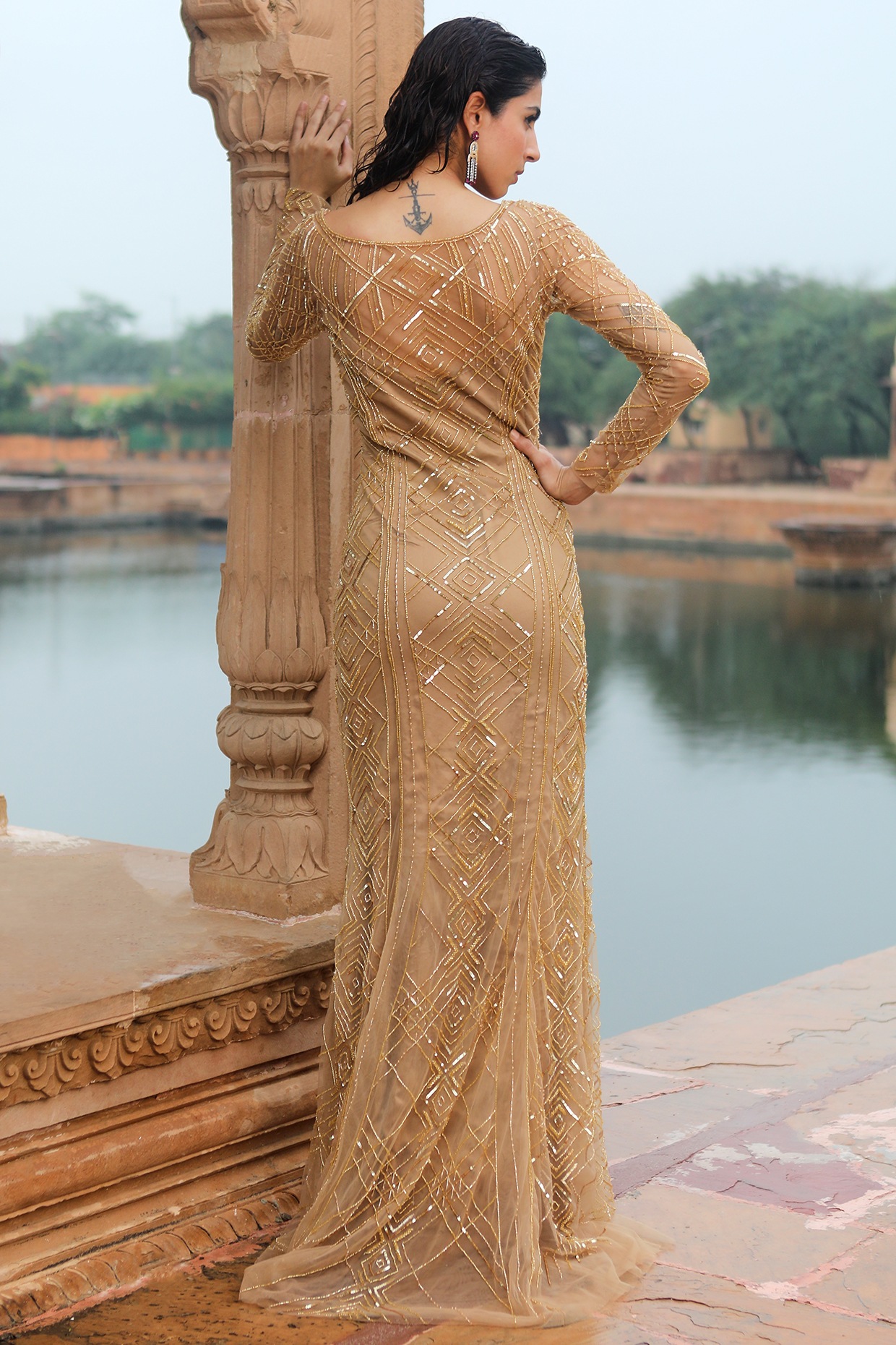 Golden Indian Woman Net Designer Embroidery Wedding Anarkali Dress -  Walmart.com